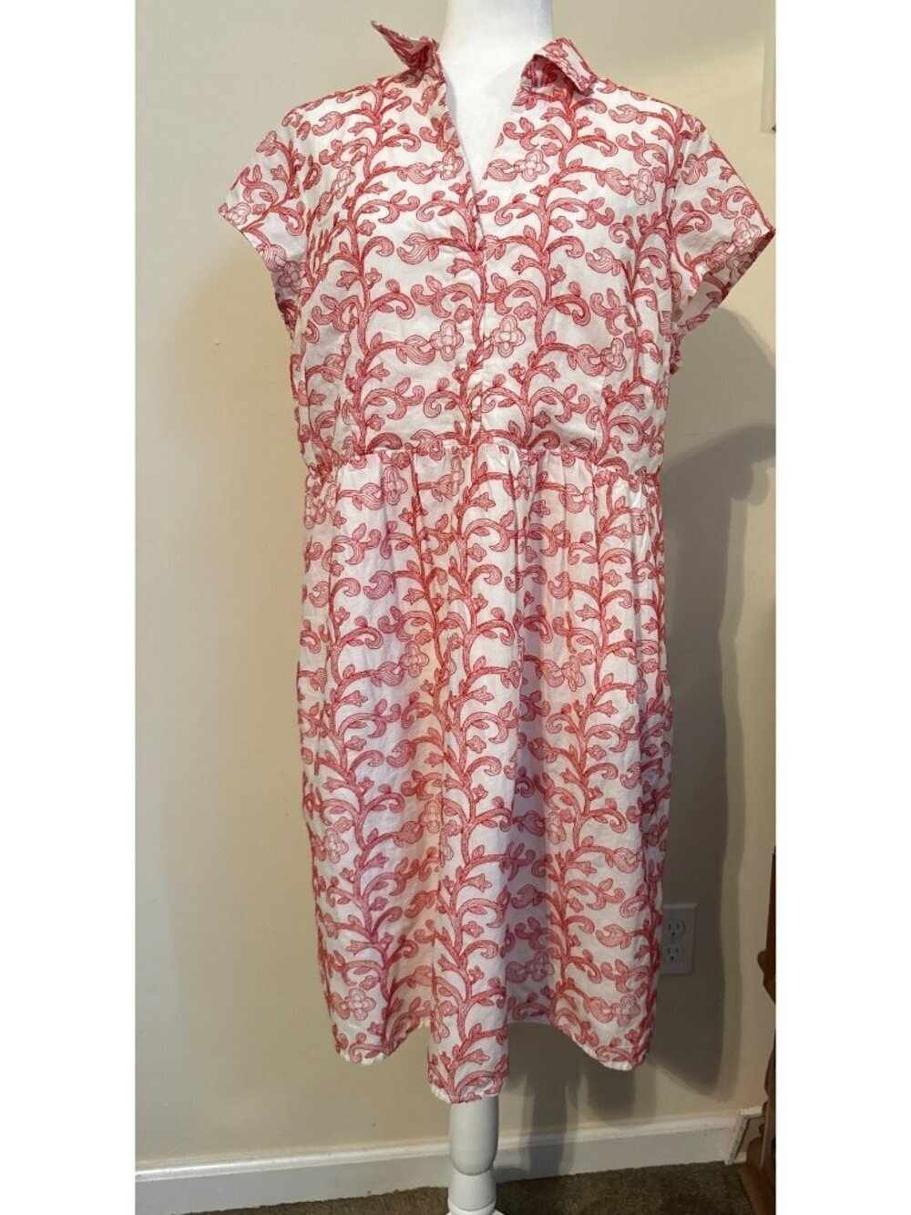 J. Jill Dress Women's White Red Embroidered Knee Length Pockets Large